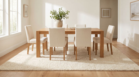 Wooden dining table with six chairs on a low-pile patterned area rug sized to extend past the pulled-out chairs