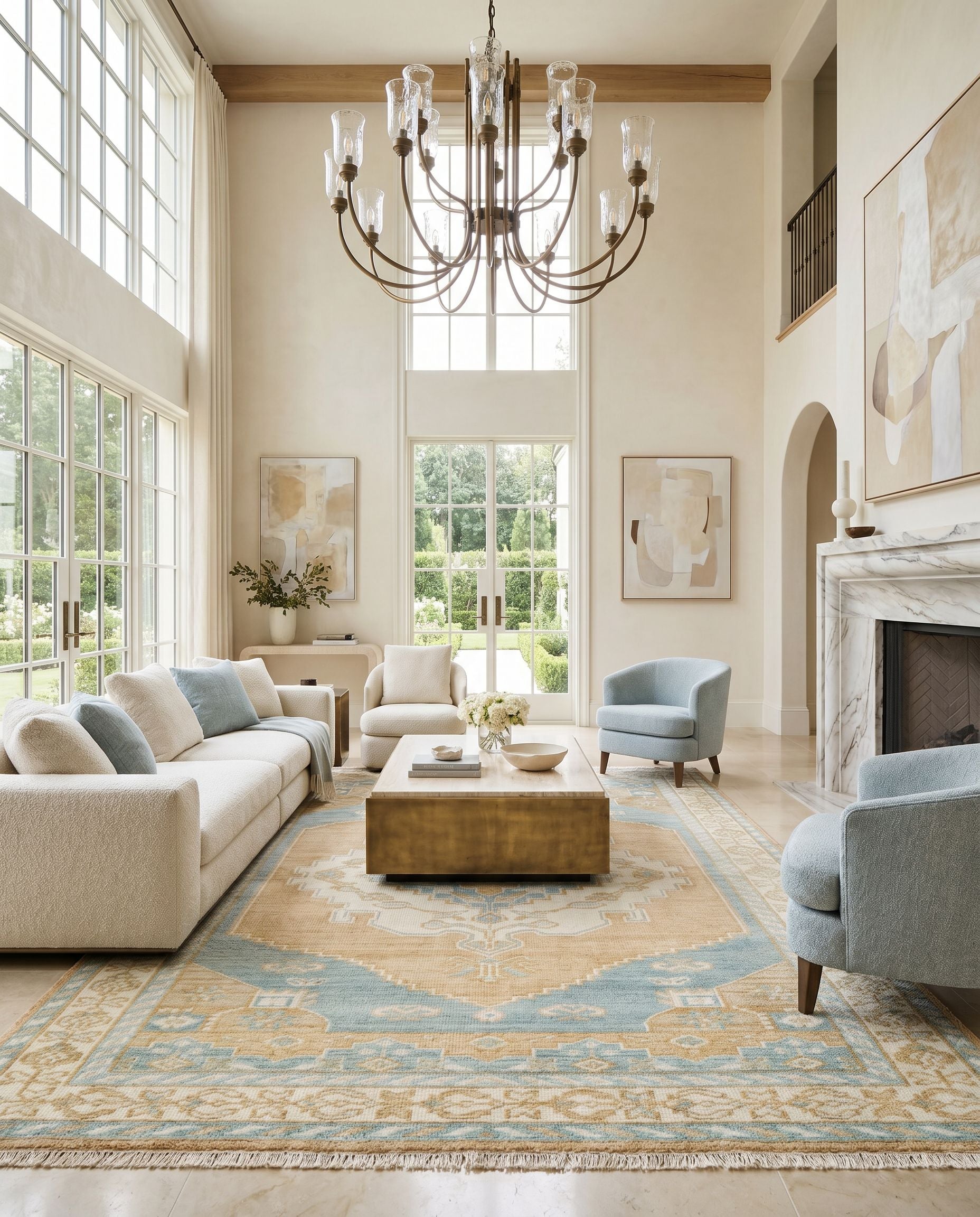 Anadolu AAU-2308 Hand Knotted Rug as the centerpiece of a bright luxury living room — a hand knotted traditional area rug in camel, tan, pale blue and blue tones