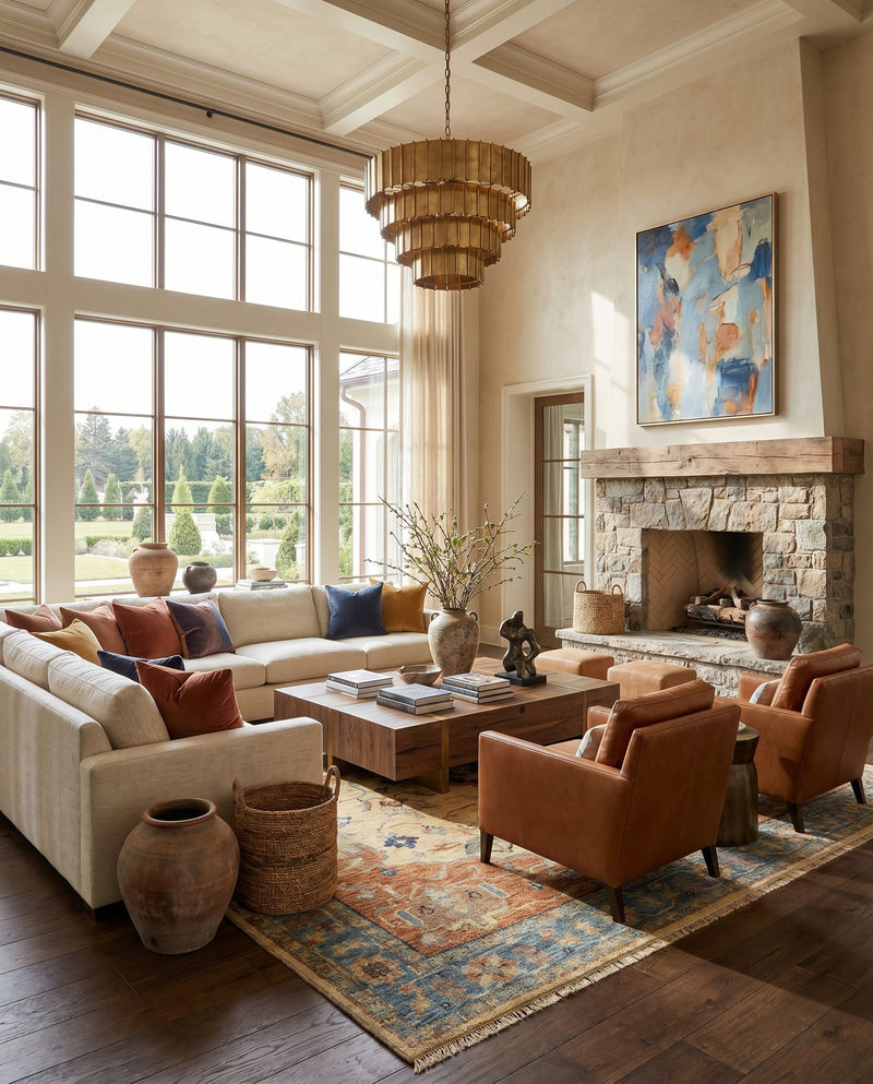 Biscayne BSY-2300 Hand Knotted Rug as the centerpiece of a bright luxury living room — a hand knotted traditional area rug in rust, aqua, ivory and grass green tones