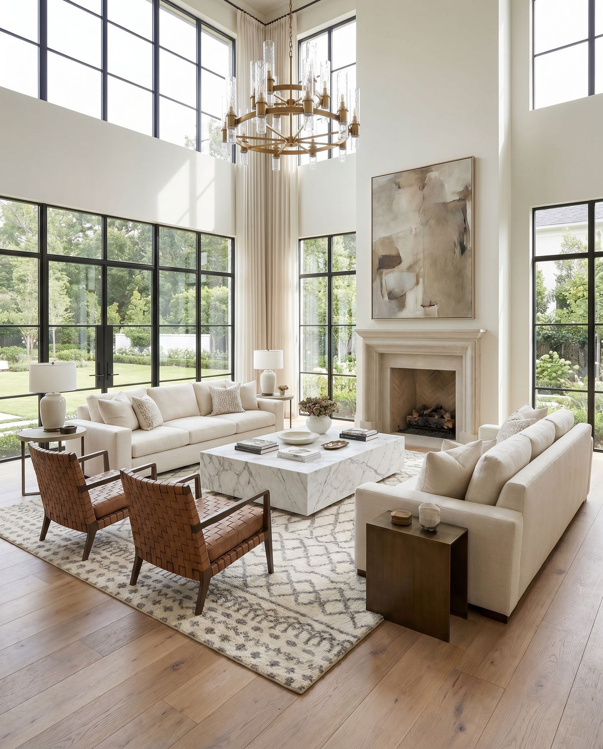 Fez FEZ-2301 Hand Knotted Rug as the centerpiece of a bright luxury living room — a hand knotted global area rug in ivory and taupe tones