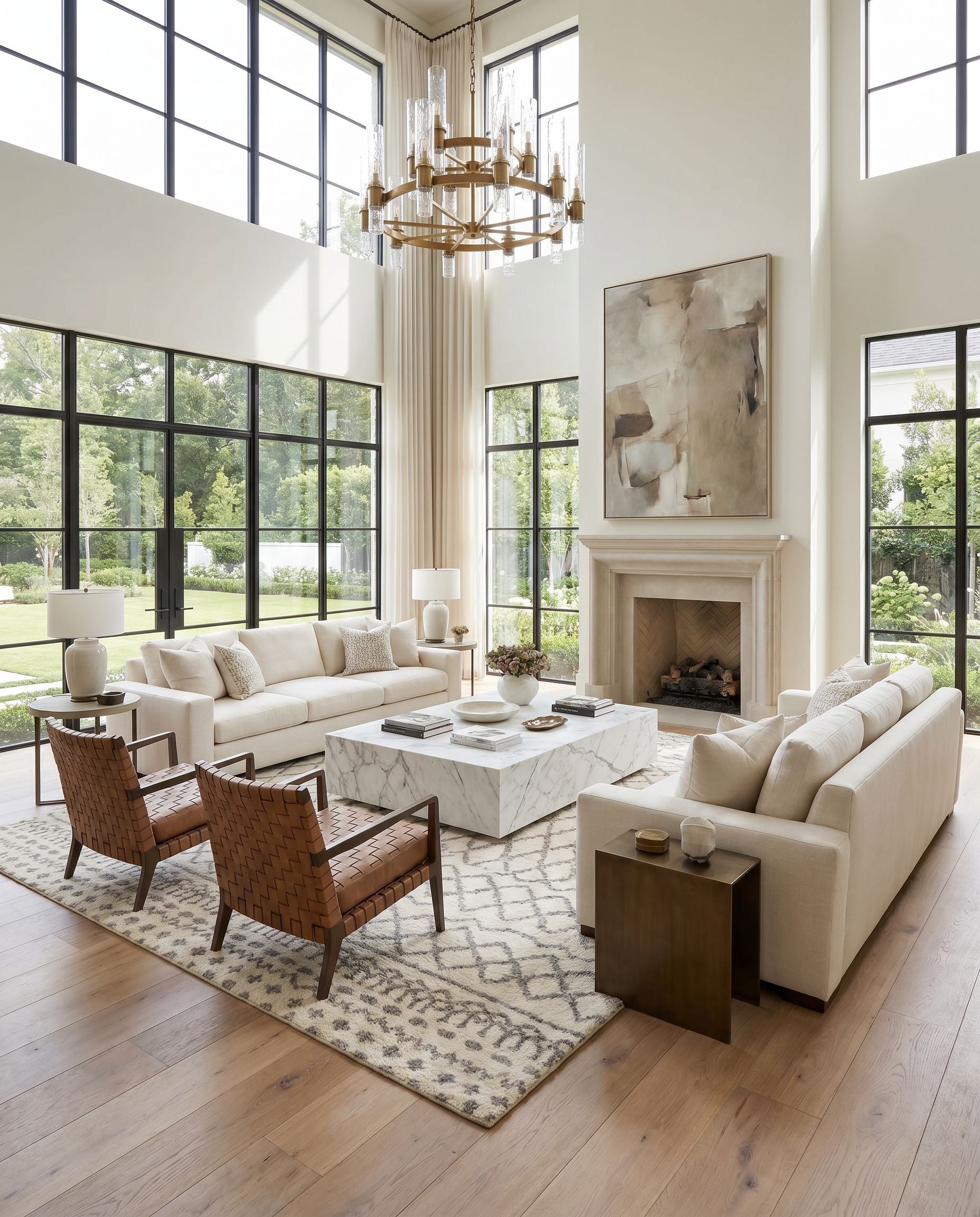 Fez FEZ-2301 Hand Knotted Rug as the centerpiece of a bright luxury living room — a hand knotted global area rug in ivory and taupe tones