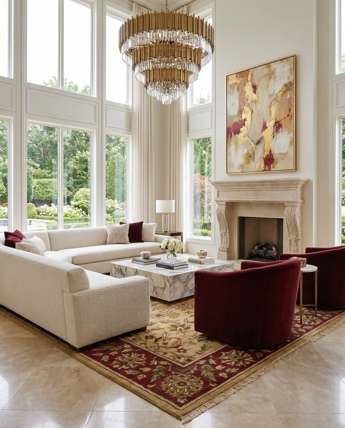 Babylon BL-1902 Hand Knotted Rug as the centerpiece of a bright luxury living room — a hand knotted traditional area rug in rust, mustard, tan and brown tones