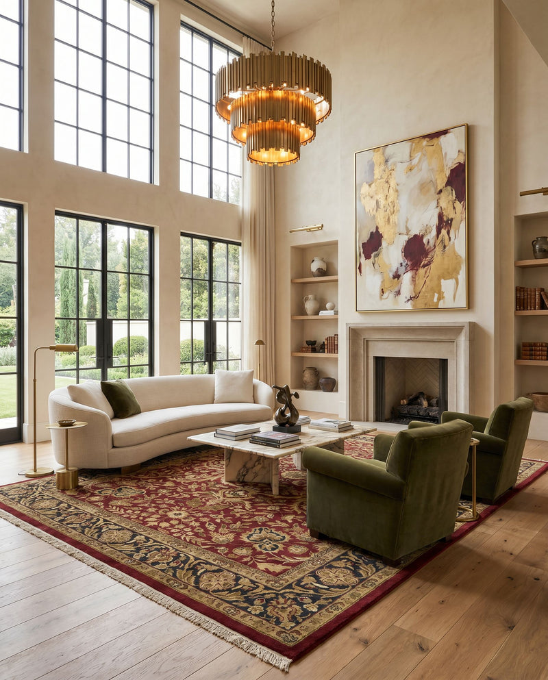 Taj Mahal TJ-1143 Hand Knotted Rug as the centerpiece of a bright luxury living room — a hand knotted traditional area rug in burgundy, black, dark brown and olive tones