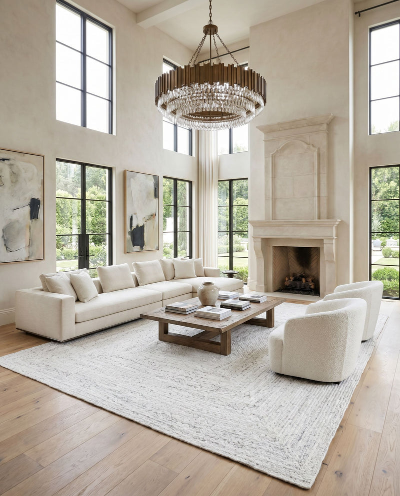 Cologne COG-2302 Hand Woven Rug as the centerpiece of a bright luxury living room — a hand woven modern area rug in gray and white tones