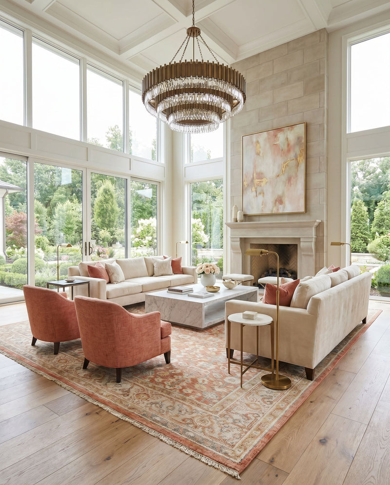 Hamadan HAM-2301 Hand Knotted Rug as the centerpiece of a bright luxury living room — a hand knotted traditional area rug in brown, light beige and slate tones