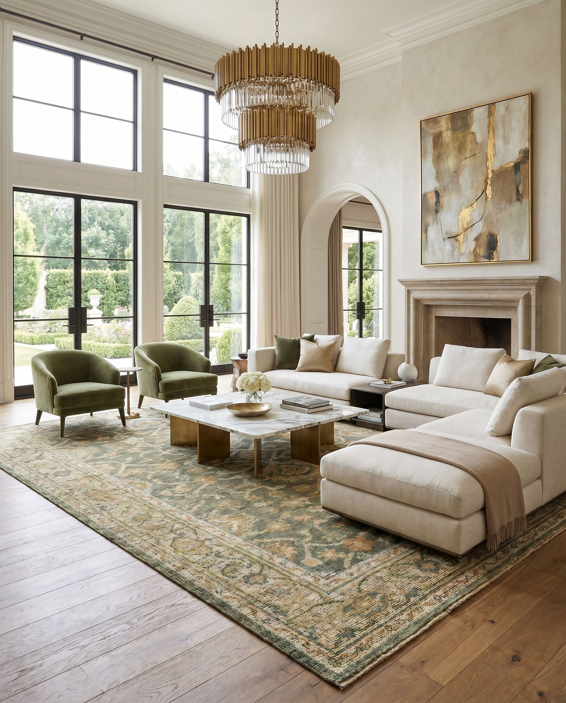 Reign REG-2310 Hand Knotted Rug as the centerpiece of a bright luxury living room — a hand knotted traditional area rug in sage, brown, grass green and orange tones