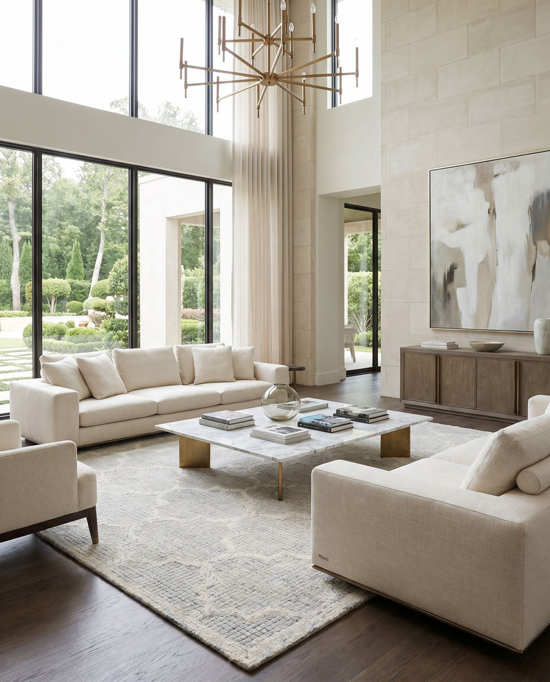 Starlit STR-2306 Hand Tufted Rug as the centerpiece of a bright luxury living room — a hand tufted cottage area rug in light slate, blue and cream tones