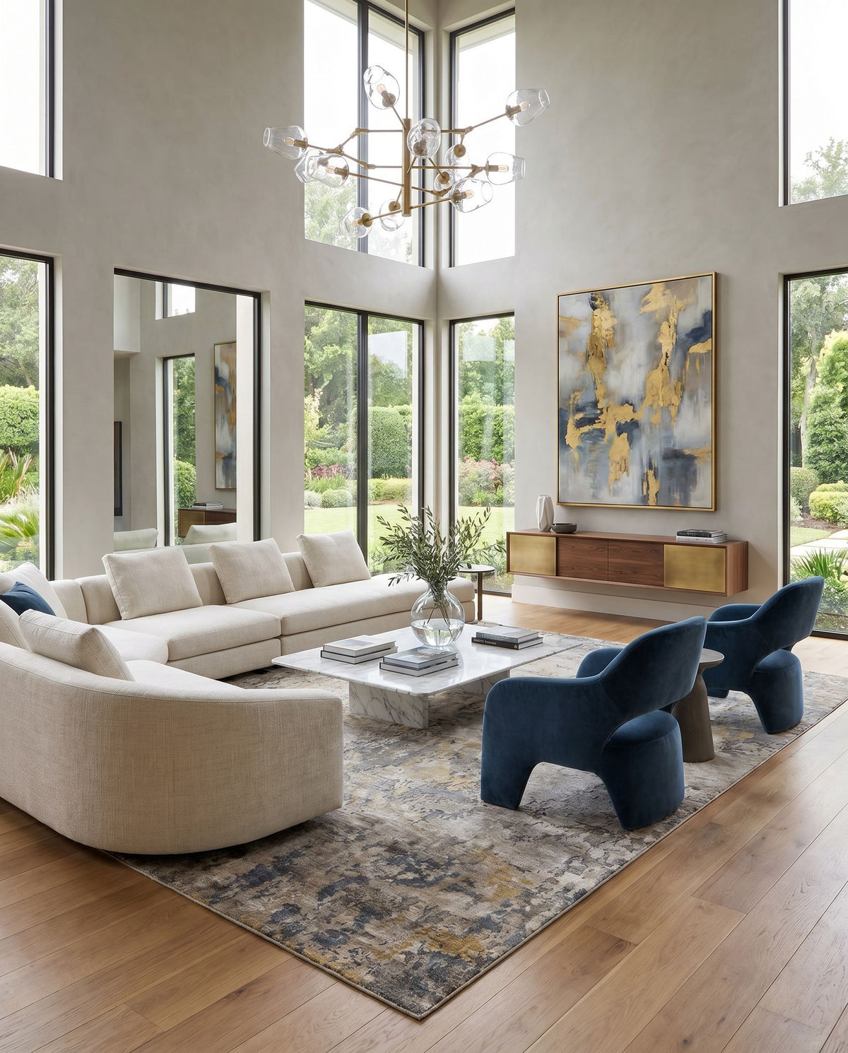 Imola IML-1001 Hand Knotted Rug as the centerpiece of a bright luxury living room — a hand knotted modern area rug in beige, light gray, light sage and gray tones