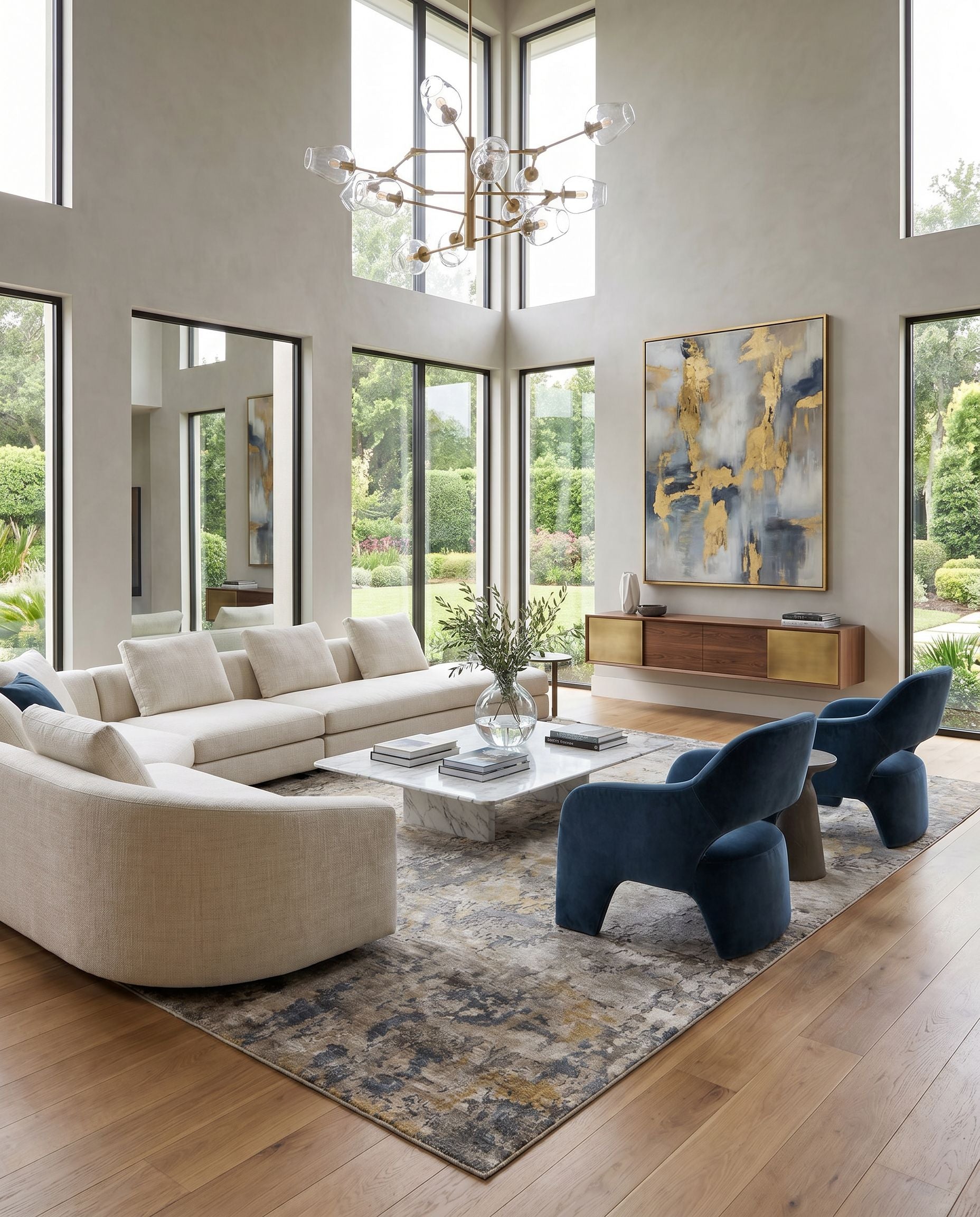Imola IML-1001 Hand Knotted Rug as the centerpiece of a bright luxury living room — a hand knotted modern area rug in beige, light gray, light sage and gray tones