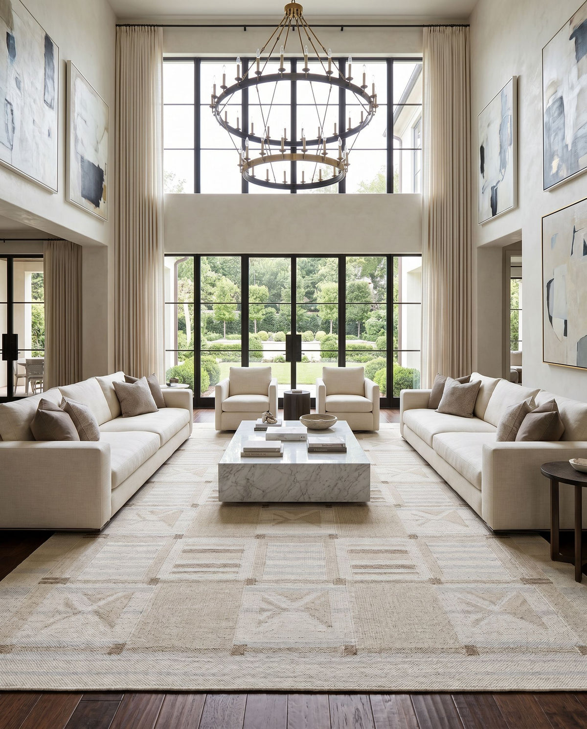 Scandi SCD-2302 Hand Woven Rug as the centerpiece of a bright luxury living room — a hand woven modern area rug in tan, beige and cream tones