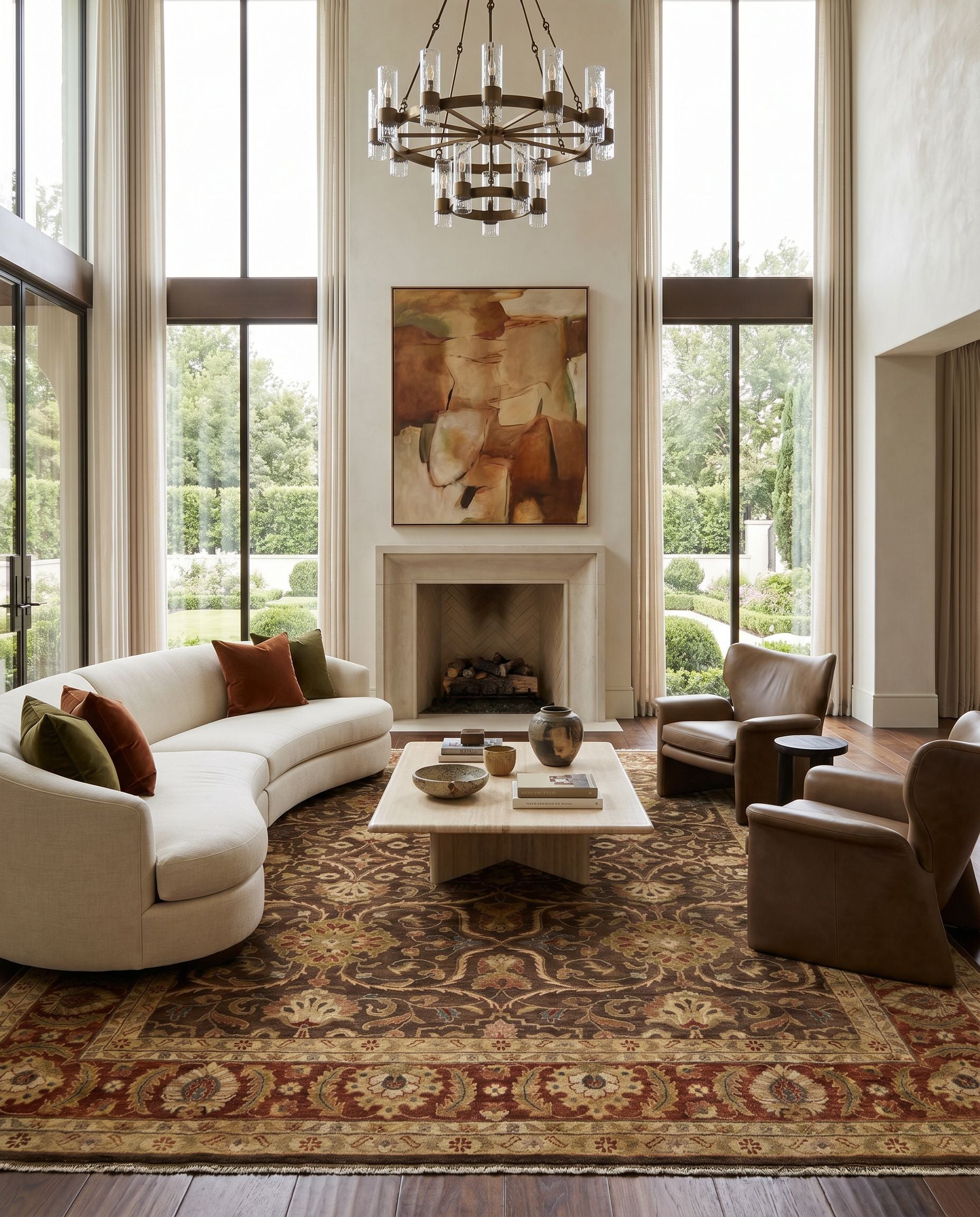 Timeless TIM-7920 Hand Knotted Rug as the centerpiece of a bright luxury living room — a hand knotted traditional area rug in light brown, burnt orange, medium brown and sky blue tones