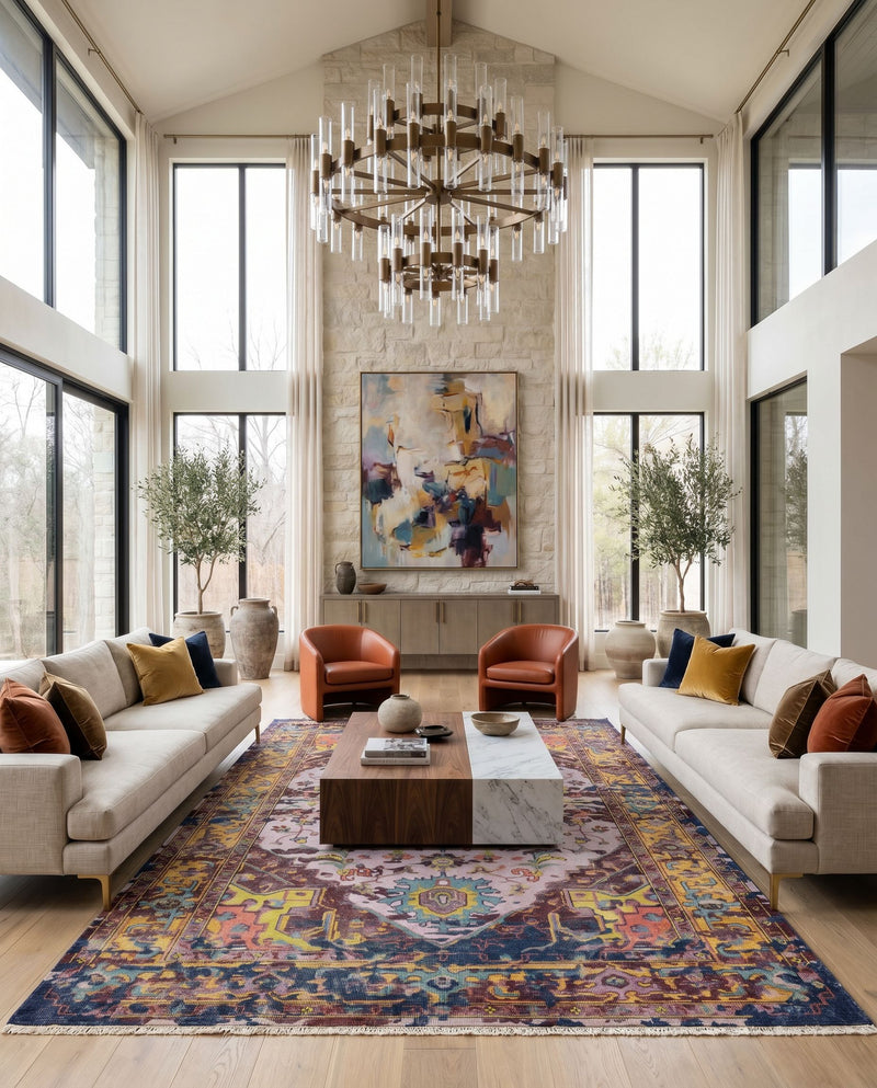 Festival FVL-1004 Hand Knotted Rug as the centerpiece of a bright luxury living room — a hand knotted traditional area rug in burgundy, lilac, medium gray and light olive tones