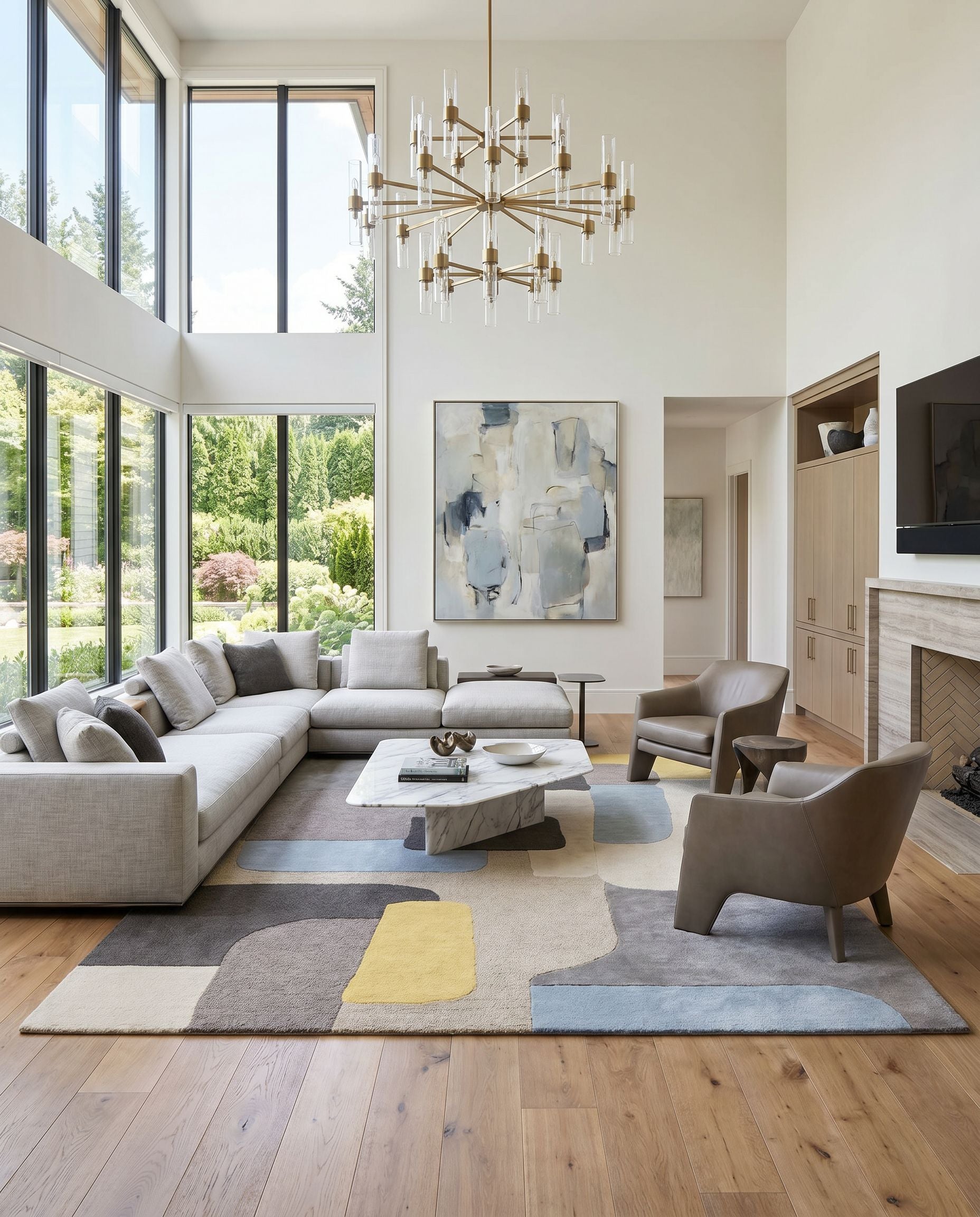 Brooklyn BRO-2300 Hand Tufted Rug as the centerpiece of a bright luxury living room — a hand tufted modern area rug in yellow, beige, charcoal and pale blue tones