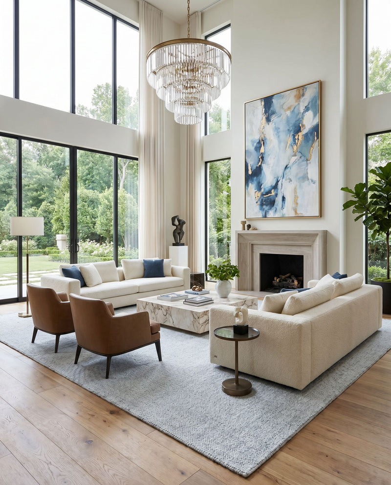 Salome SME-2301 Hand Loomed Rug as the centerpiece of a bright luxury living room — a hand loomed cottage area rug in silver, dove gray and frost tones