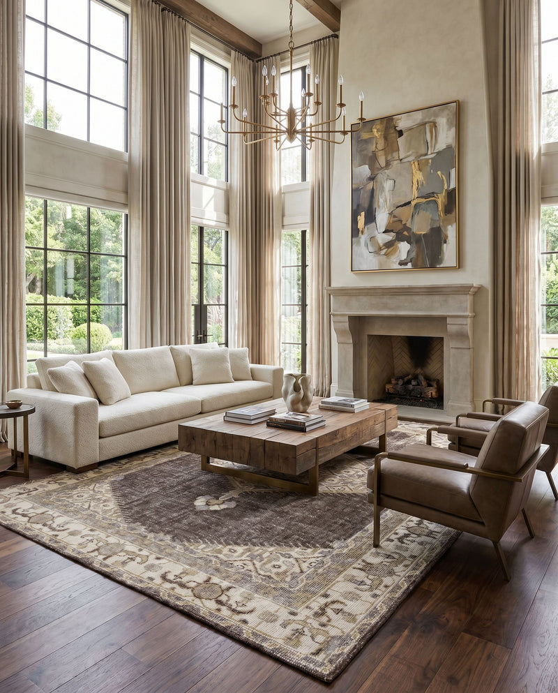 Zahra ZHA-4011 Hand Knotted Rug as the centerpiece of a bright luxury living room — a hand knotted traditional area rug in brown, medium gray, charcoal and slate tones