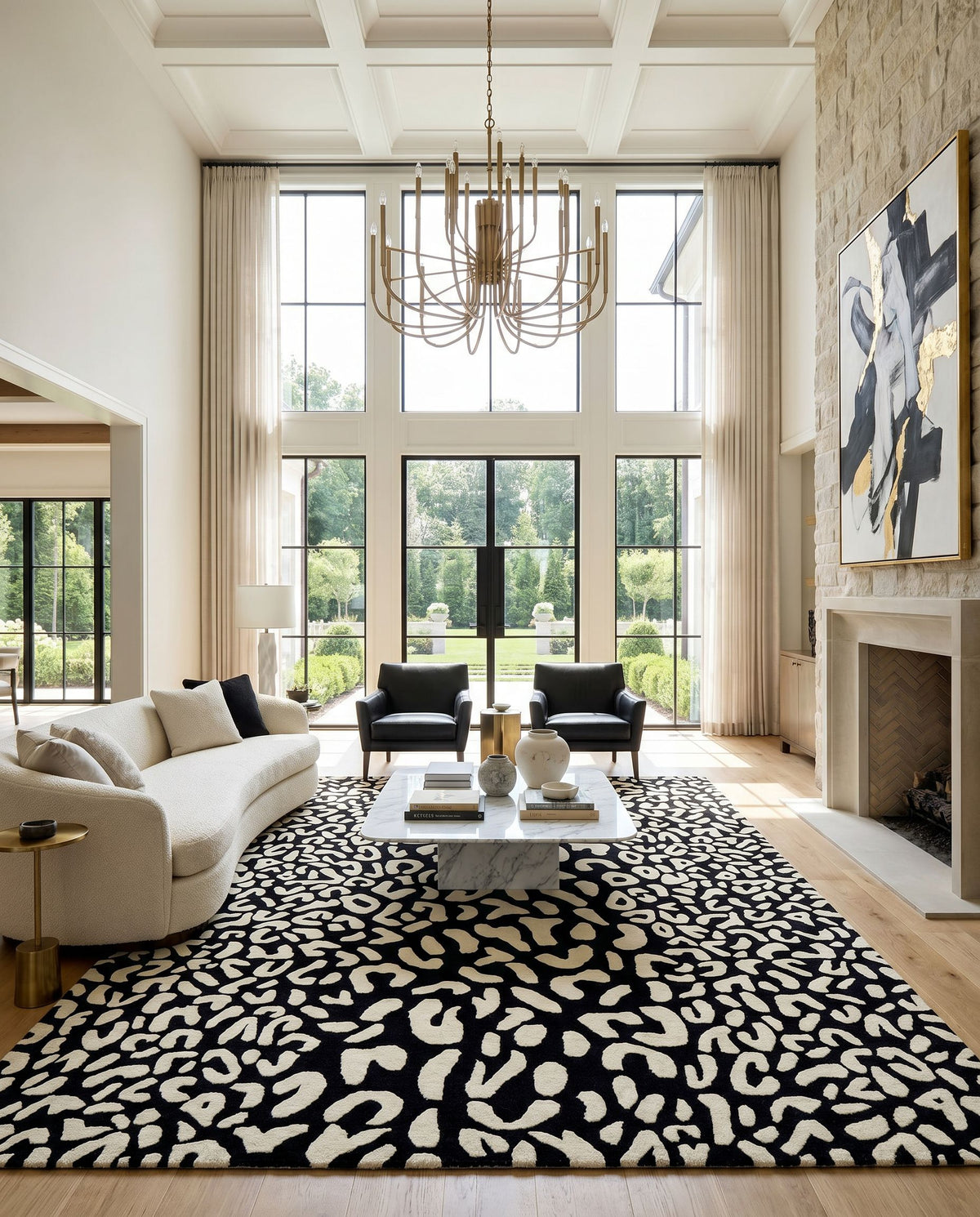 Athena ATH-5169 Hand Tufted Rug as the centerpiece of a bright luxury living room — a hand tufted modern area rug in black and cream tones