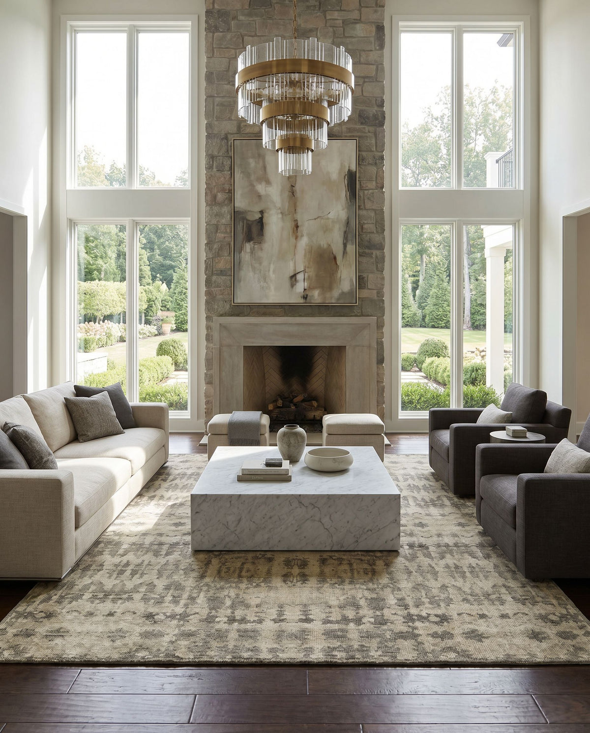 Biscayne BSY-2309 Hand Knotted Rug as the centerpiece of a bright luxury living room — a hand knotted modern area rug in ivory, medium gray, dusty sage and sage tones