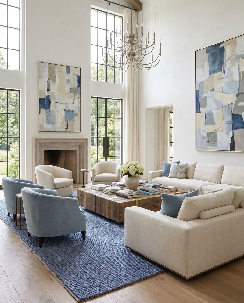 Sierra SRR-2300 Hand Woven Rug as the centerpiece of a bright luxury living room — a hand woven modern area rug in pale blue, denim, dark blue and black tones