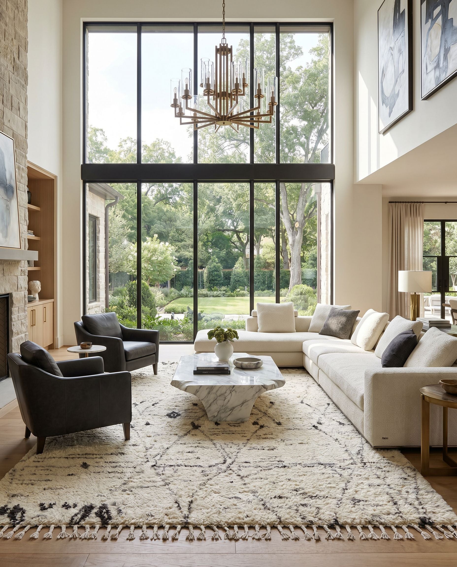 Camille CME-2304 Hand Knotted Rug as the centerpiece of a bright luxury living room — a hand knotted global area rug in cream, medium gray and black tones