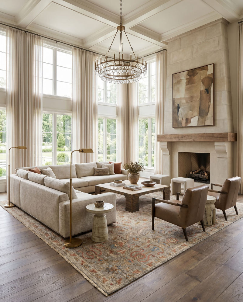 Reign REG-2321 Hand Knotted Rug as the centerpiece of a bright luxury living room — a hand knotted traditional area rug in dusty coral, light sage, ivory and brown tones