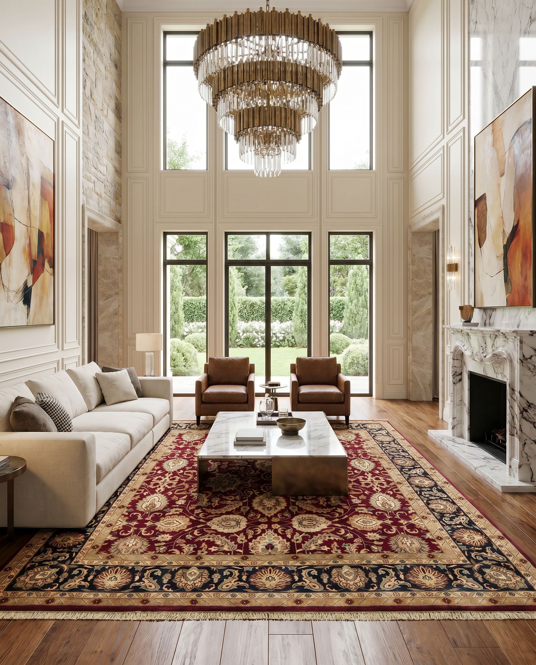 Taj Mahal TJ-6575 Hand Knotted Rug as the centerpiece of a bright luxury living room — a hand knotted traditional area rug in rust, black, mustard and light brown tones
