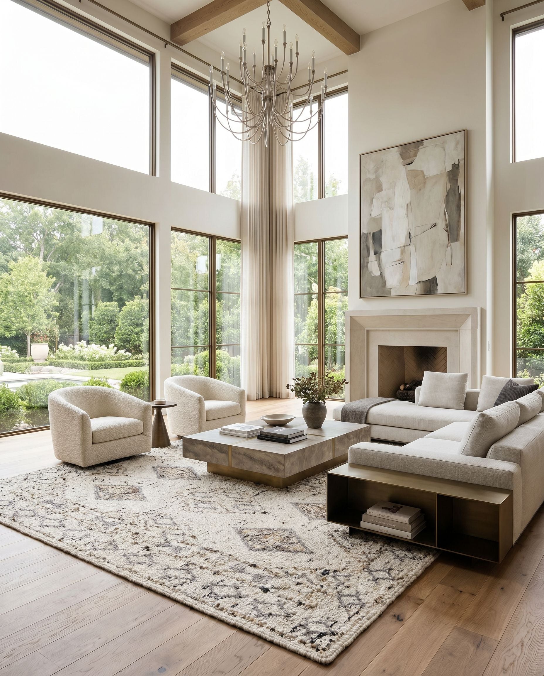 Bremen BEN-2300 Hand Woven Rug as the centerpiece of a bright luxury living room — a hand woven global area rug in cream, gray, charcoal and black tones
