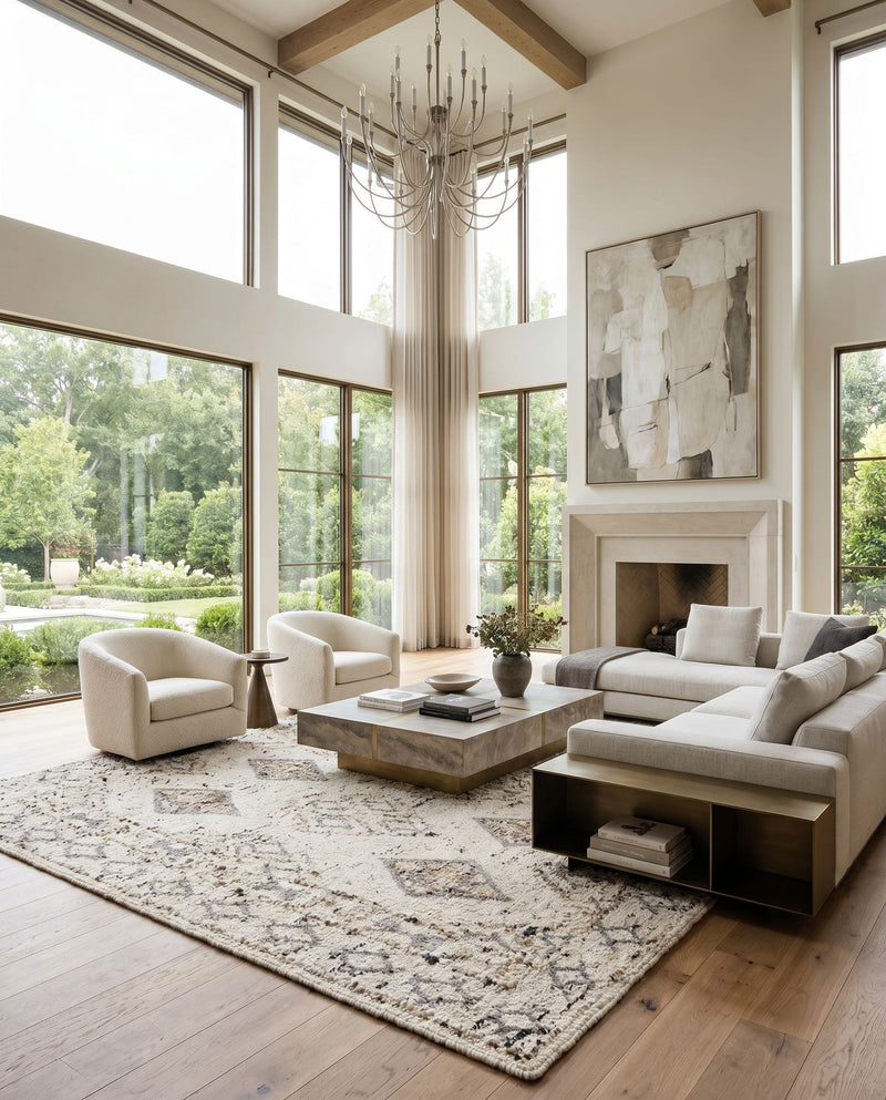 Bremen BEN-2300 Hand Woven Rug as the centerpiece of a bright luxury living room — a hand woven global area rug in cream, gray, charcoal and black tones