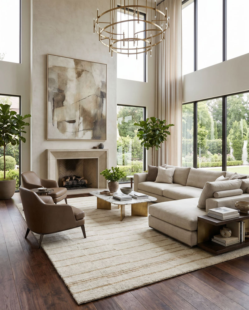 Granada GND-2361 Hand Tufted Rug as the centerpiece of a bright luxury living room — a hand tufted global area rug in beige and tan tones