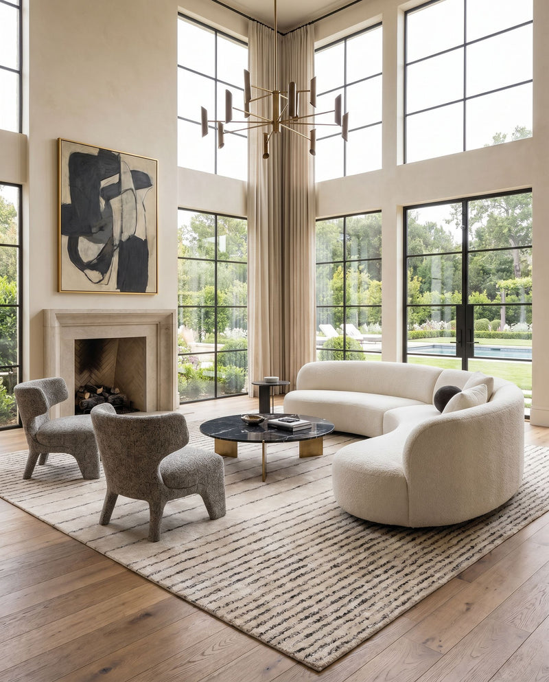 Falcon FLC-8004 Hand Tufted Rug as the centerpiece of a bright luxury living room — a hand tufted modern area rug in black, light beige and cream tones