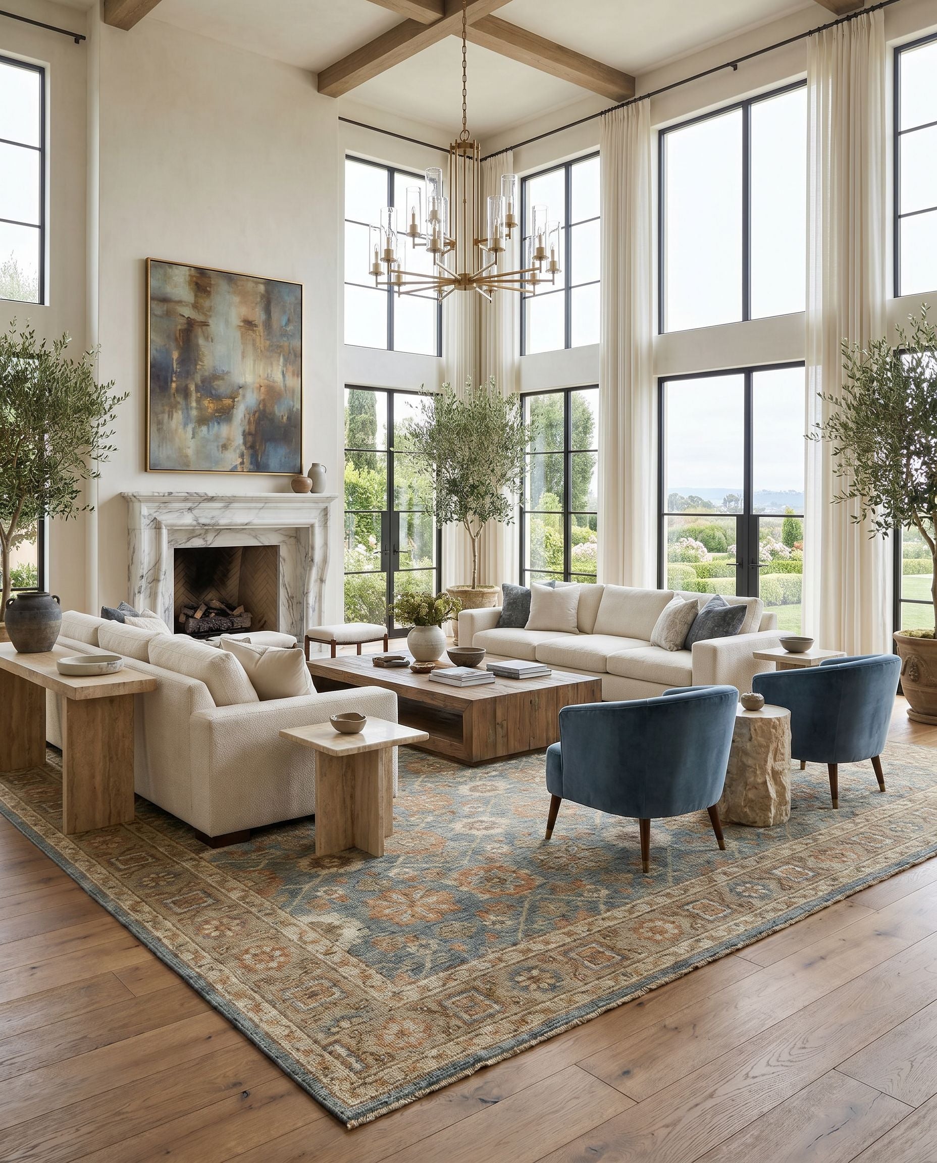 Reign REG-2308 Hand Knotted Rug as the centerpiece of a bright luxury living room — a hand knotted traditional area rug in sage, brown, dusty sage and light beige tones