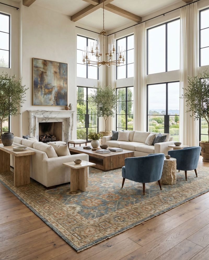 Reign REG-2308 Hand Knotted Rug as the centerpiece of a bright luxury living room — a hand knotted traditional area rug in sage, brown, dusty sage and light beige tones