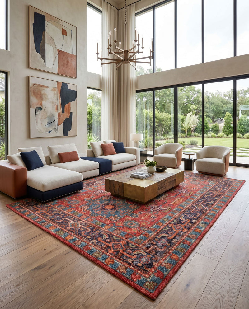 Kars KSA-2306 Hand Knotted Rug as the centerpiece of a bright luxury living room — a hand knotted traditional area rug in red, blue, grass green and coral tones