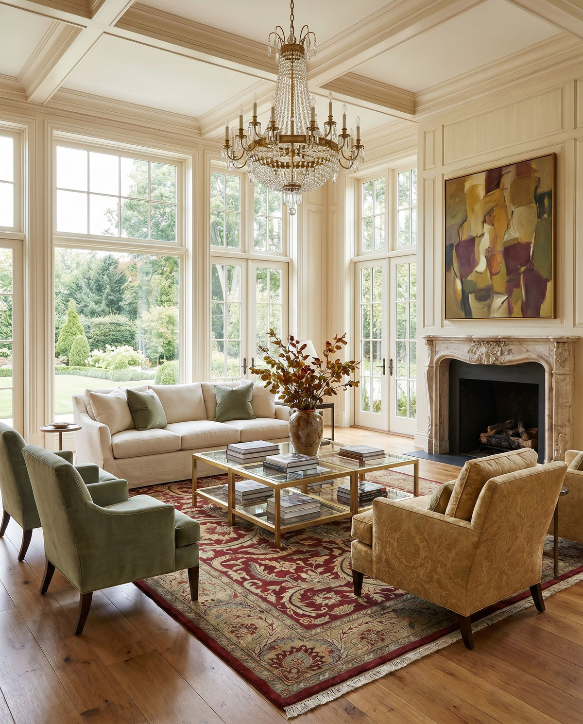 Taj Mahal TJ-59 Hand Knotted Rug as the centerpiece of a bright luxury living room — a hand knotted traditional area rug in multicolor tones