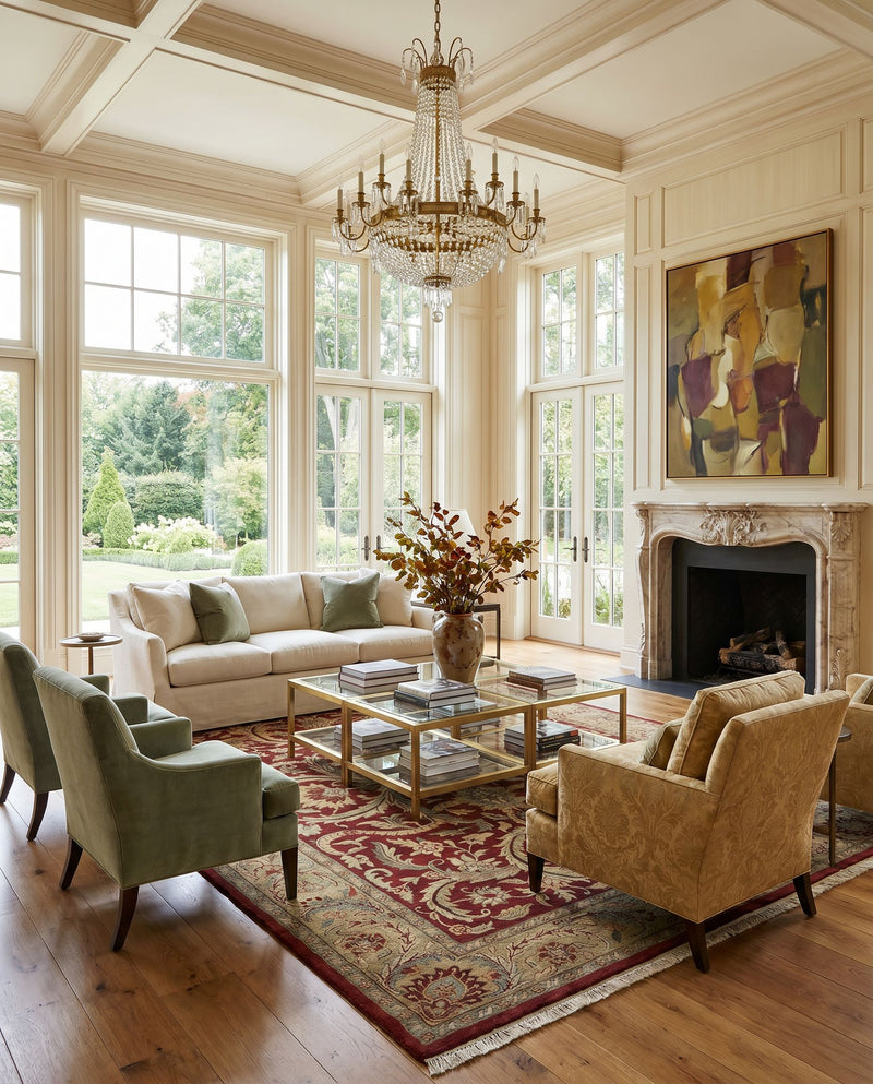 Taj Mahal TJ-59 Hand Knotted Rug as the centerpiece of a bright luxury living room — a hand knotted traditional area rug in multicolor tones