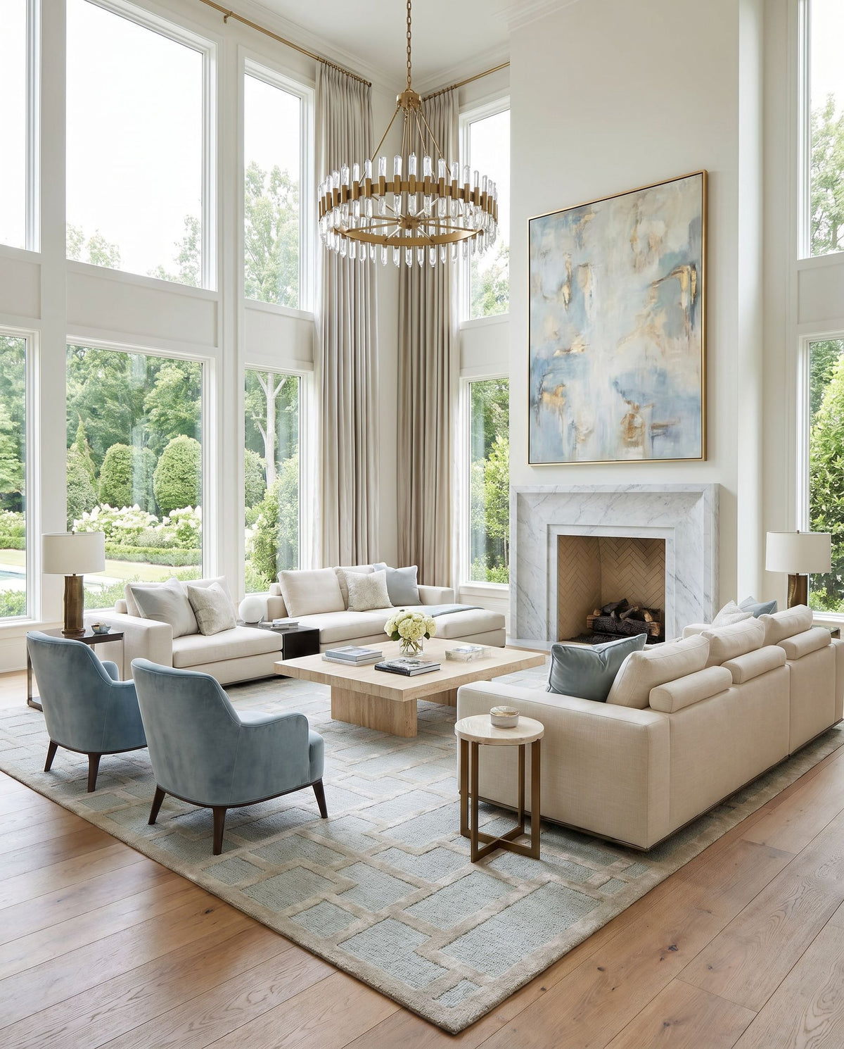 Arise AWRS-2139 Hand Tufted Rug as the centerpiece of a bright luxury living room — a hand tufted modern area rug in dusty sage and sage tones