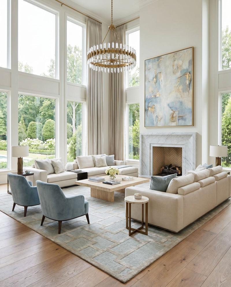 Arise AWRS-2139 Hand Tufted Rug as the centerpiece of a bright luxury living room — a hand tufted modern area rug in dusty sage and sage tones