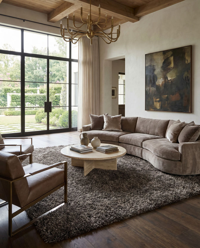 Vivid VIV-837 Hand Woven Rug as the centerpiece of a bright luxury living room — a hand woven modern area rug in charcoal tones