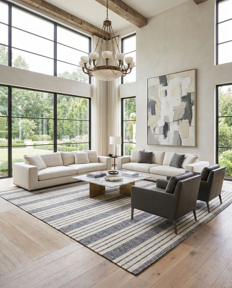 Tartan TAR-2303 Hand Woven Rug as the centerpiece of a bright luxury living room — a hand woven cottage area rug in light gray, gray and black tones