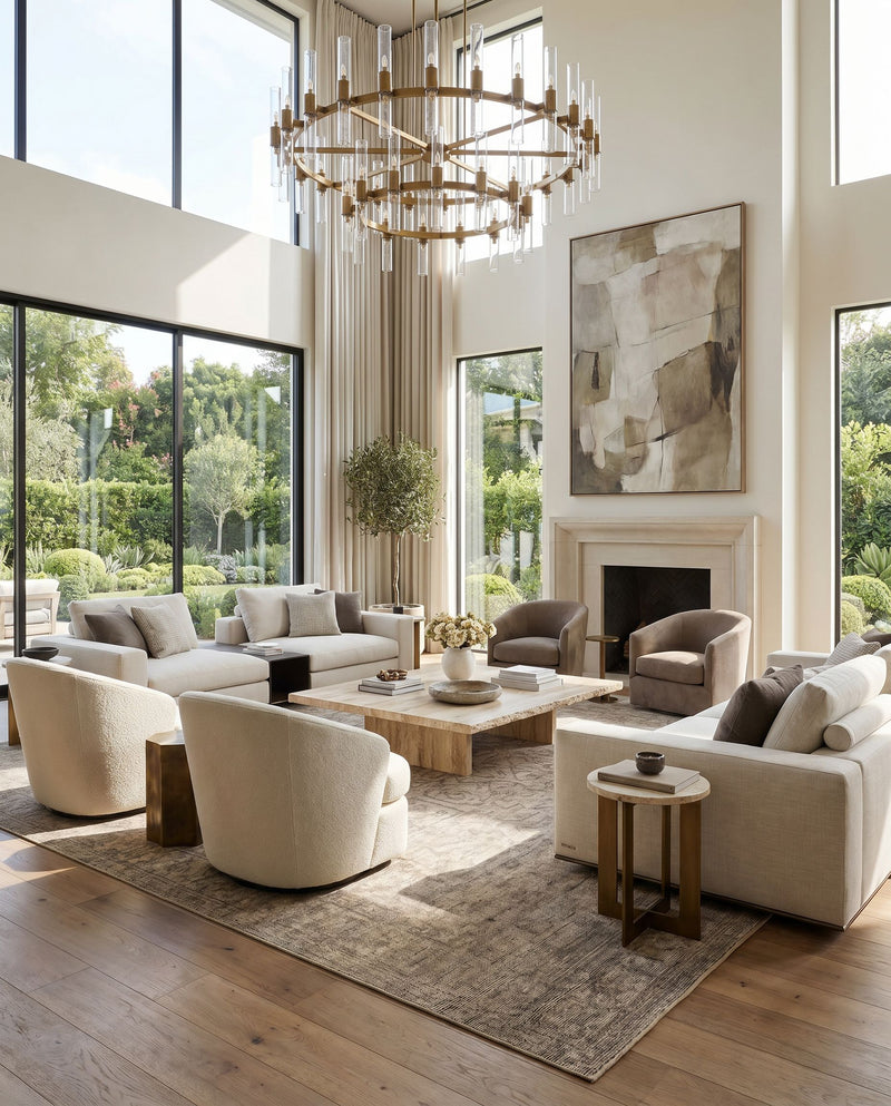 Smyrna SMY-2302 Hand Knotted Rug as the centerpiece of a bright luxury living room — a hand knotted traditional area rug in charcoal, beige and black tones