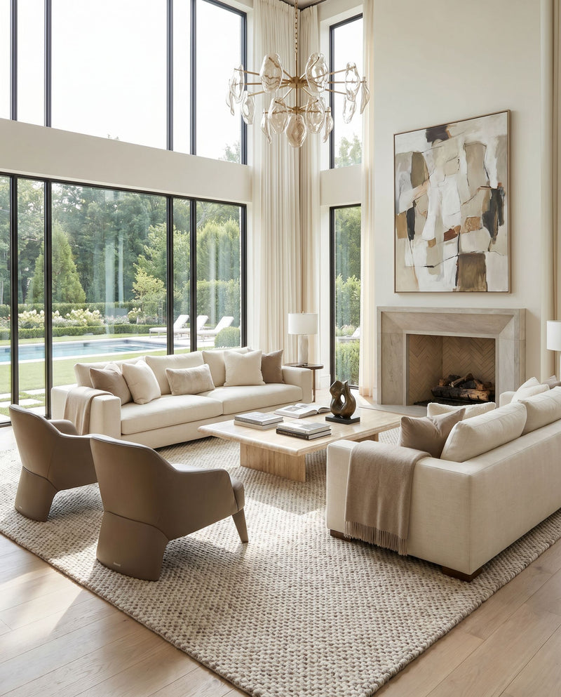 Telluride TEL-2300 Hand Woven Rug as the centerpiece of a bright luxury living room — a hand woven modern area rug in dark brown and cream tones