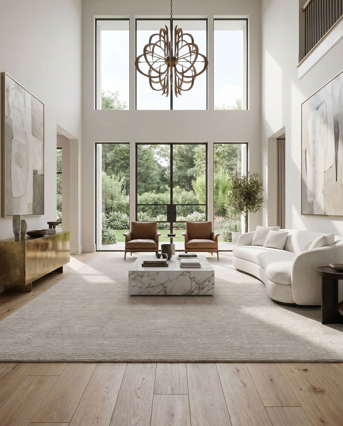 Capri CAP-2302 Hand Knotted Rug as the centerpiece of a bright luxury living room — a hand knotted cottage area rug in light gray tones