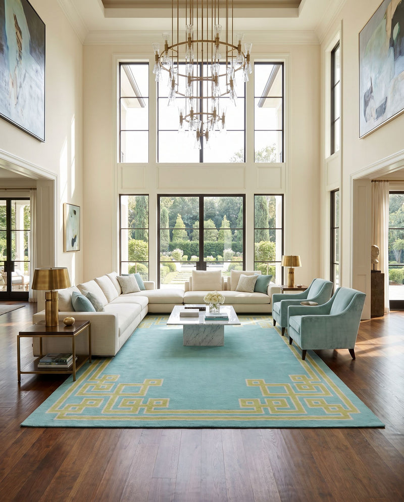 Alameda AMD-1010 Hand Woven Rug as the centerpiece of a bright luxury living room — a hand woven modern area rug in aqua, light olive and light gray tones