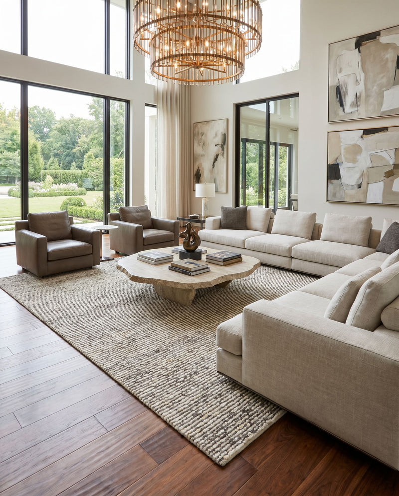 Totenham TTH-2301 Hand Woven Rug as the centerpiece of a bright luxury living room — a hand woven modern area rug in cream and charcoal tones