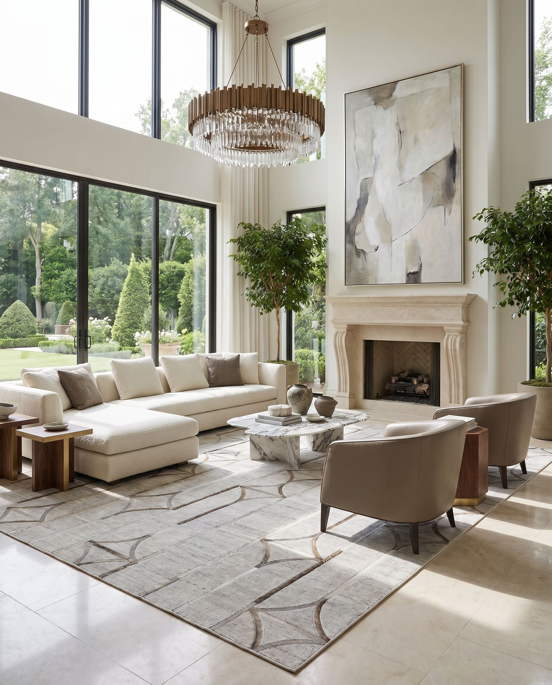Eloquent ELQ-2304 Hand Crafted Rug as the centerpiece of a bright luxury living room — a hand crafted modern area rug in light gray, oatmeal, medium brown and dark brown tones