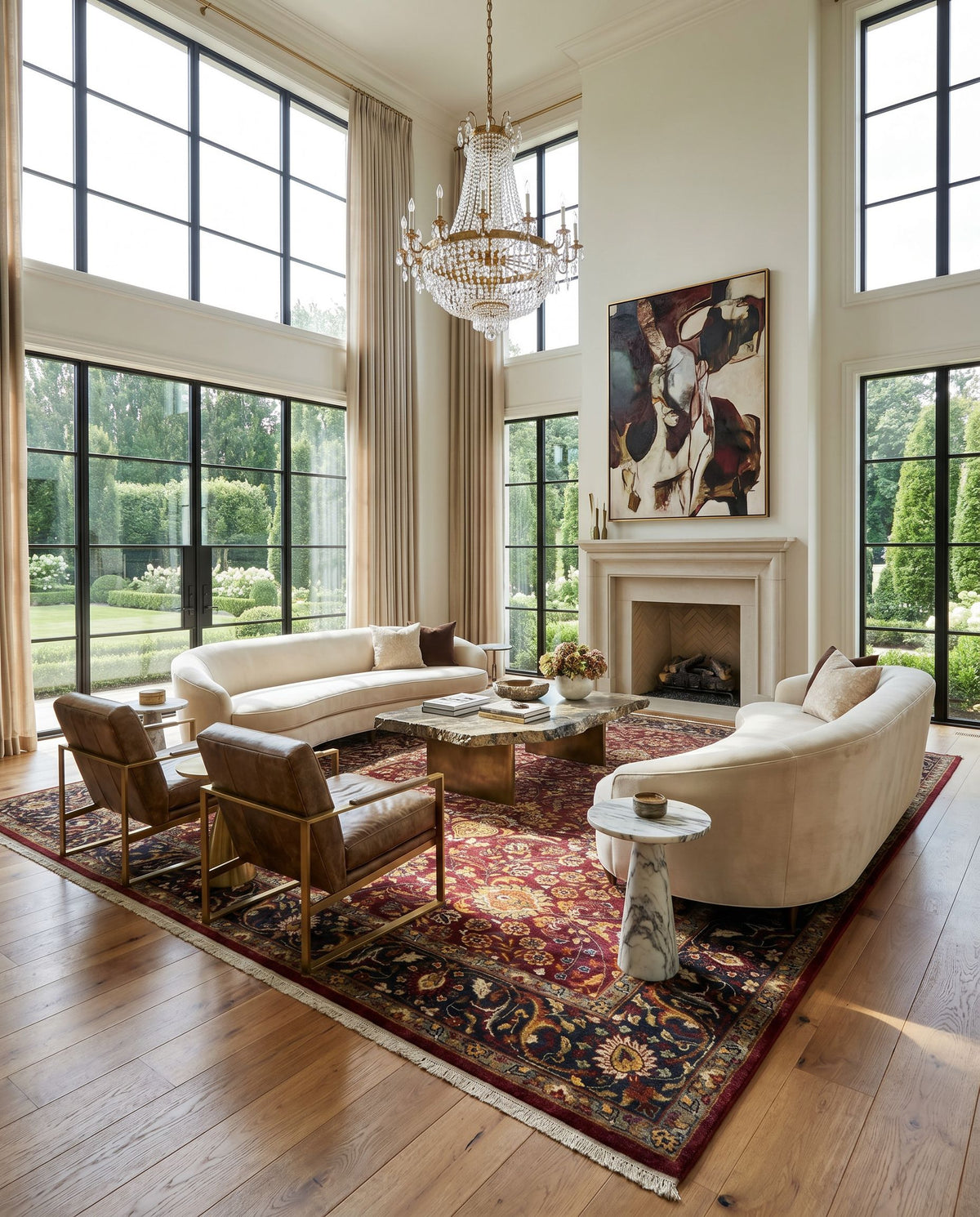 Taj Mahal TJ-6601 Hand Knotted Rug as the centerpiece of a bright luxury living room — a hand knotted traditional area rug in burgundy, sage, black and mustard tones