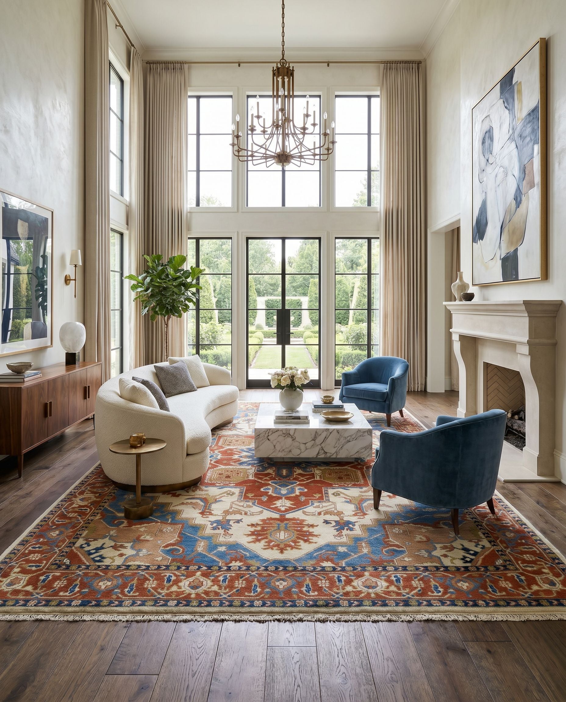 Zeus ZEU-8002 Hand Knotted Rug as the centerpiece of a bright luxury living room — a hand knotted traditional area rug in burnt orange, blue and tan tones
