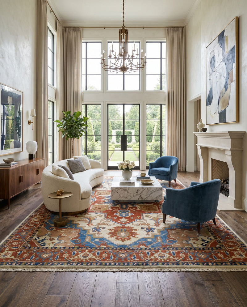 Zeus ZEU-8002 Hand Knotted Rug as the centerpiece of a bright luxury living room — a hand knotted traditional area rug in burnt orange, blue and tan tones