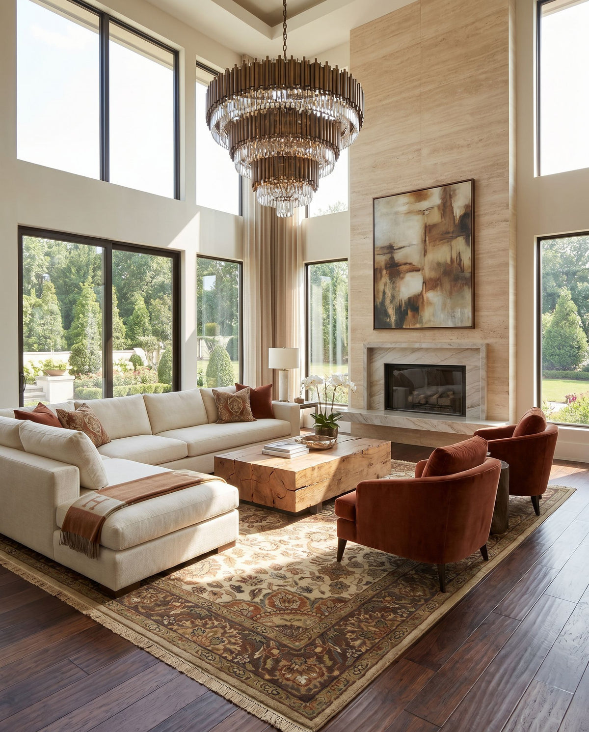 Taj Mahal TJ-1142 Hand Knotted Rug as the centerpiece of a bright luxury living room — a hand knotted traditional area rug in multicolor tones
