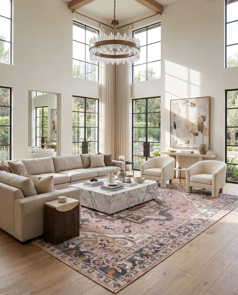 Revere RVE-2304 Hand Knotted Rug as the centerpiece of a bright luxury living room — a hand knotted traditional area rug in rust, charcoal, dark blue and pale blue tones