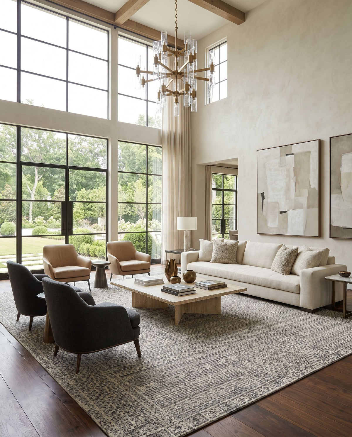Oakland OAA-1009 Hand Tufted Rug as the centerpiece of a bright luxury living room — a hand tufted global area rug in black, gray and taupe tones